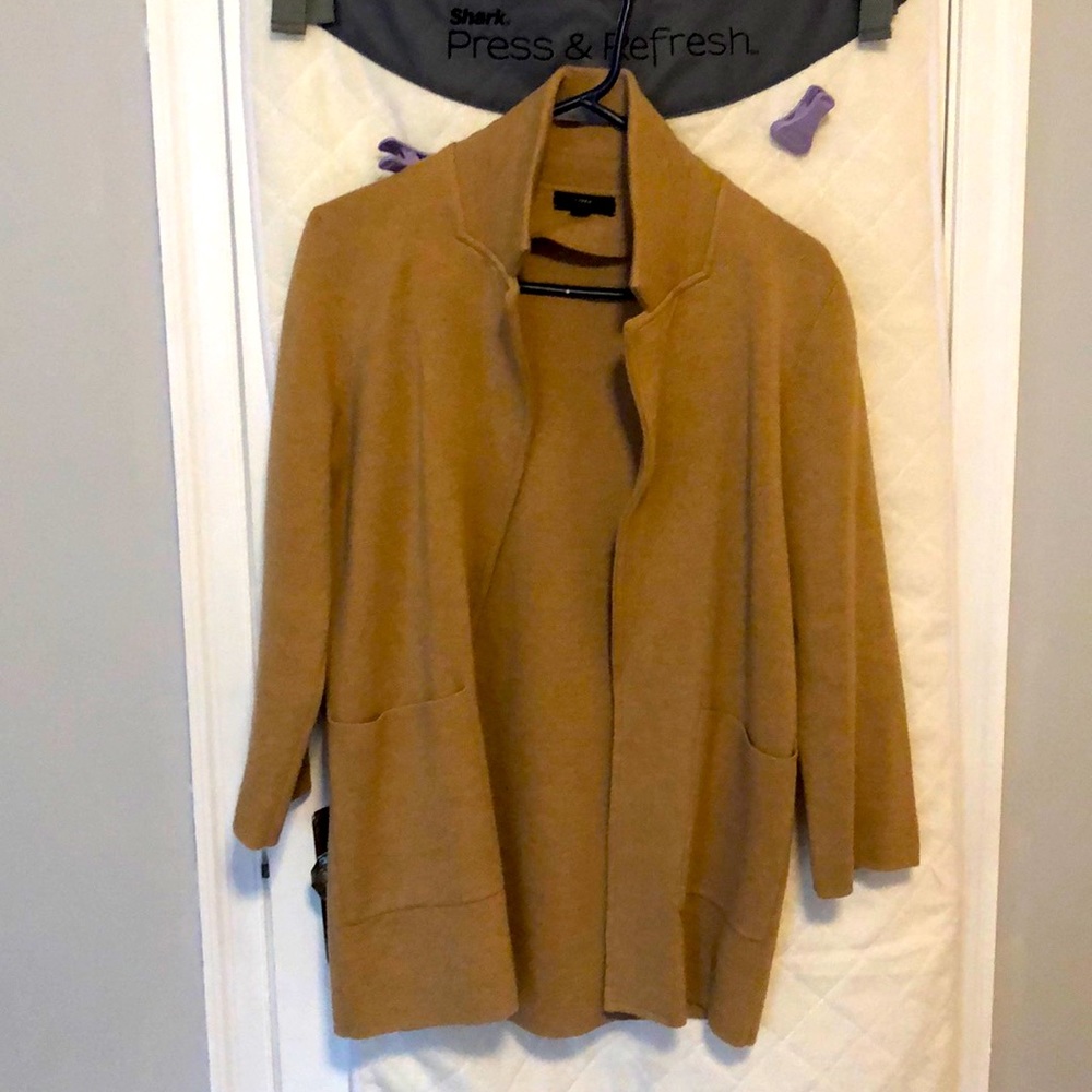 J Crew long line camel colored sweater blazer